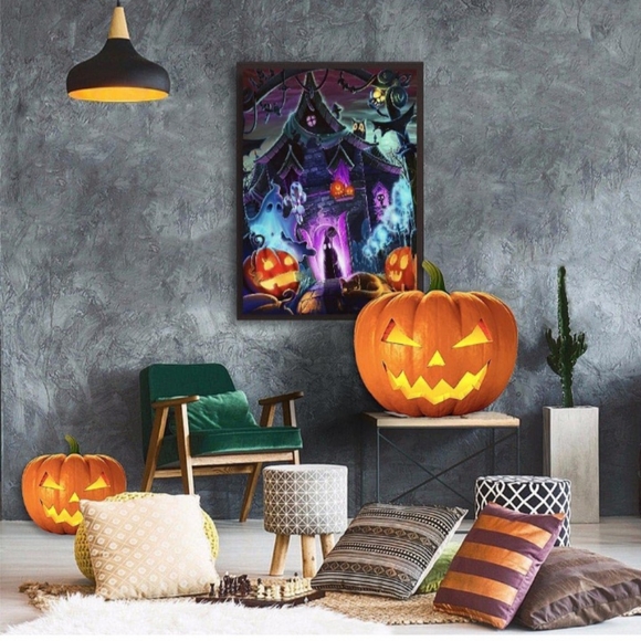 None Other - Spooky Halloween Haunted House Ghosts Purple Diamond Painting Kit New
